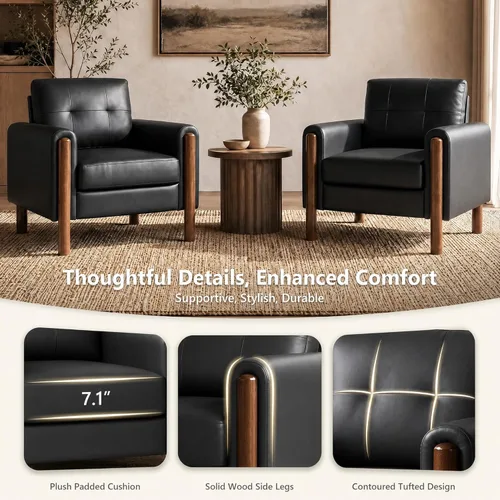 Miniatura 3 de STHOUYN 35" Black Leather Oversized Accent Chair with Wood Armrests, Mid-Century Modern Tufted Living Room Chair, Comfy Reading Sofa Chair with