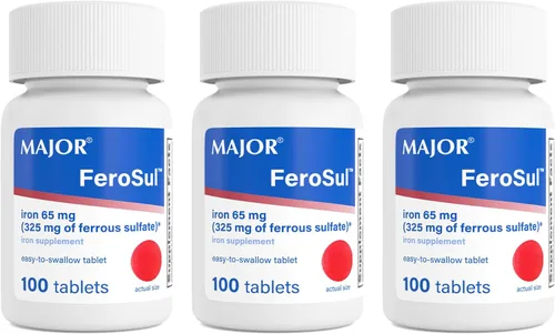 MAJOR Ferosul - Tabletas de sulfato ferroso de 325 mg con 65 mg de hierro elemental, suplemento de hierro para mujeres, hombres, rojo, 100 unidades