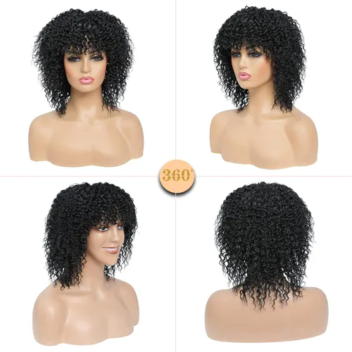 Miniatura 2 de Pelucas rizadas para mujeres negras, pelucas afro para mujeres negras, pelucas cortas sintéticas naturales sintéticas rizadas con flequillo, peluca