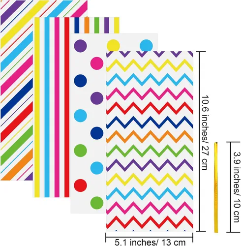 Miniatura 2 de Aneco Paquete de 100 bolsas de celofán arcoíris de 10.6 x 5.1 pulgadas, bolsas de plástico para dulces, bolsas de regalo, bolsas de regalo con lazos