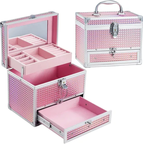 Hododou Caja de maquillaje de joyería para mujer con espejo y bandeja con cerradura para cosméticos estuche de almacenamiento portátil para