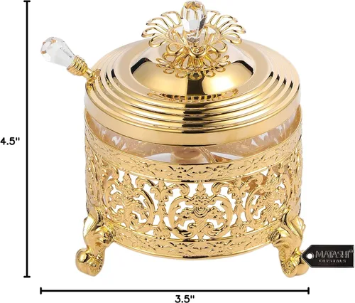 Miniatura 8 de Matashi Azucarero chapado en oro de 24 quilates, cuenco de vidrio con miel, diseño floral intrincado con cuchara tachonada de cristal, cumpleaños