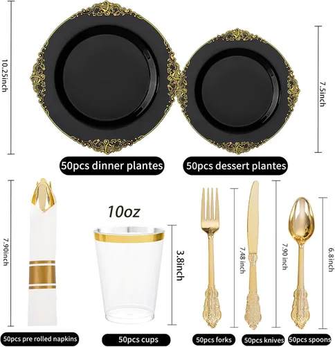 Miniatura 6 de Hioasis 350 platos negros y dorados, platos de fiesta negros para 50 invitados, incluyen 100 platos resistentes (20% más gruesos que el estándar)