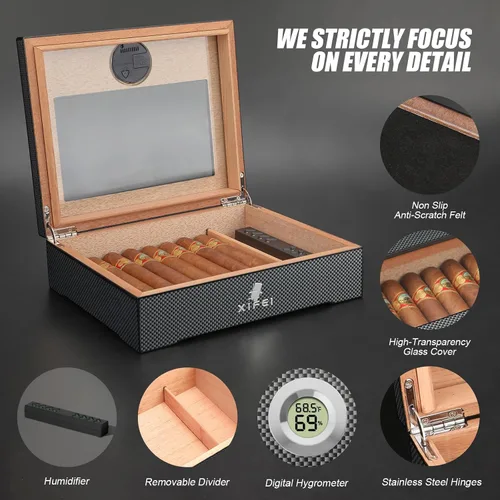 Miniatura 2 de XIFEI Humidor de puros, textura de fibra de carbono superior de vidrio con higrómetro digital, incluyendo humidificador de puros, divisor, caja