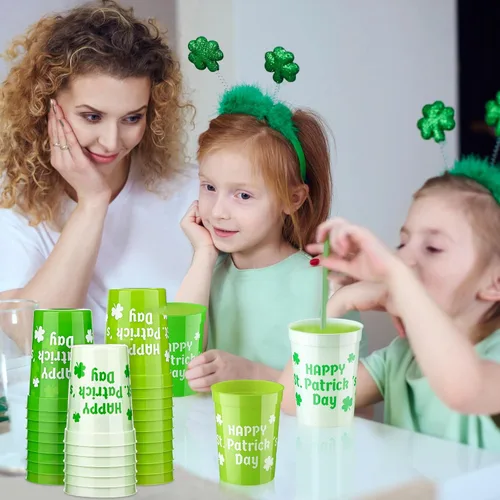 Miniatura 4 de Maxcheck 120 vasos de plástico desechables para fiesta del día de San Patricio a granel, feliz día de San Patricio, 10 onzas, trébol irlandés