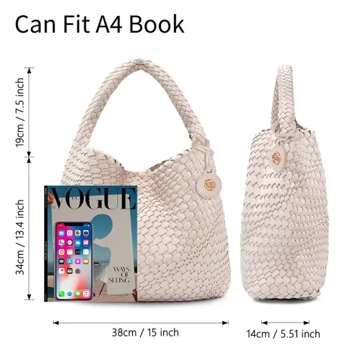 Miniatura 3 de PS PETITE SIMONE Bolso de mano tejido para mujer, bolso grande tejido de cuero, bolso trenzado, bolso tejido color avellana, A-Cremy blanco