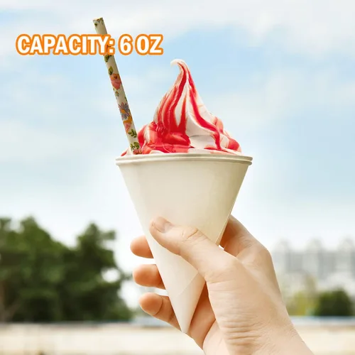 Miniatura 3 de AQUEENLY 100 Vasos de Cono de Nieve, Vasos de Papel Cónicos con Revestimiento de Cera a Prueba de Fugas para Granizado, Hielo Raspado, Agua - 6 OZ