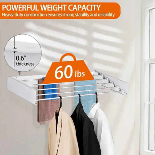 Miniatura 3 de FOCHIER F Tendedero de Ropa Tendedero de Secado Montado en Pared Plegable con 4 Varillas de Aluminio y Plantilla de Perforación Punta de Blanco