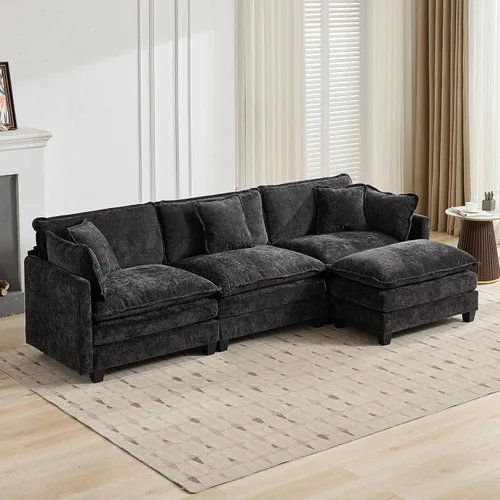 Sofá modular negro de 111.5 pulgadas, sofás seccionales grandes de 3 plazas para sala de estar, sofá nube de tela de felpilla de gran tamaño con