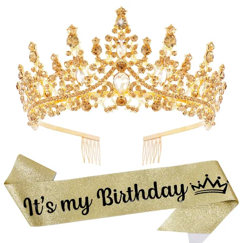 Miniatura 17 de VELSCRUN Tiara de cumpleaños de cristal azul para mujeres y niñas, banda "It's My Birthday", corona de princesa reina con peines, decoraciones
