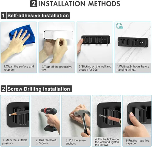 Miniatura 7 de homeasy - Soporte de pared para escoba y fregona, organizador con ganchos de acero inoxidable resistente Pack de 2, instalación sin taladro ni