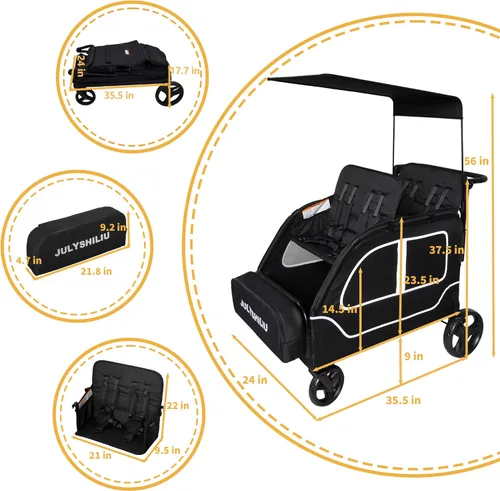 Miniatura 3 de Cochecito grande de 4 plazas, 2, 3, niños pequeños, color negro Car Shaped, Foldable, All Terrain, Removable Canopy, 5 Point Harness, Travel