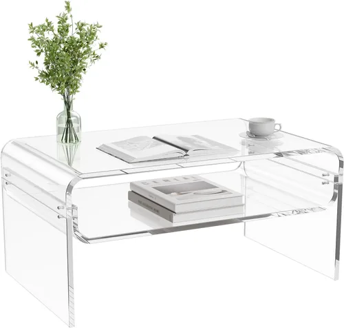 Miniatura 9 de VEVOR Mesa de centro acrílica, moderna mesa central de cascada con estante de almacenamiento abierto, escritorio rectangular transparente Lucite