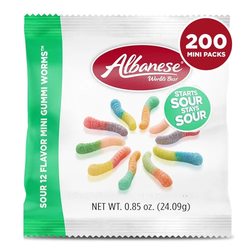 Albanese World's Best Sour 12 Flavor Mini Gummi Worms | Bolsa de caramelos de 0.85 onzas, paquete de 200 | 12 sabores ácidos únicos, sin gluten, sin