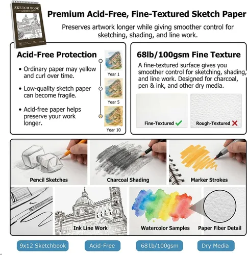 Miniatura 3 de Soucolor - Cuaderno de bocetos de 9 x 12 pulgadas, paquete de 4 de 100 hojas, encuadernado en espiral, libre de ácido (68 libras/100 g/m²), papel