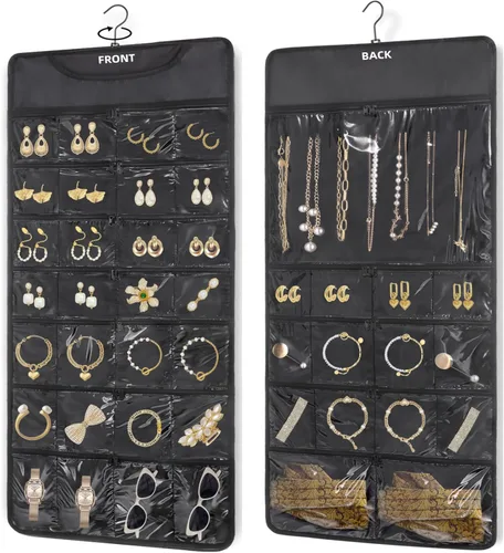 FOREGOER Organizador de joyas colgante de doble cara, 43 bolsillos, organizador grande de accesorios para collares, aretes, (negro)