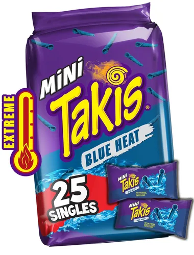 Takis Blue Heat Mini - Paquete múltiple de 25 unidades / 1.23 onzas, tamaño bocado, sabor a chile picante, chips de tortilla enrollados