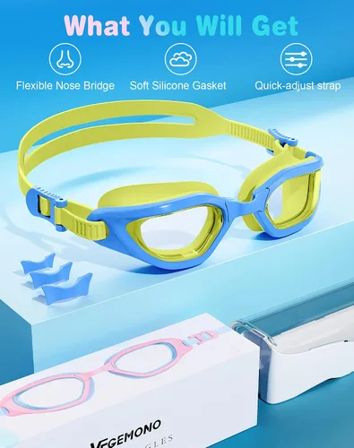 Miniatura 6 de Gafas de natación para niños en doble tono, almohadillas ajustables para la nariz y silicona suave a prueba de fugas (6-14), visión clara, antivaho