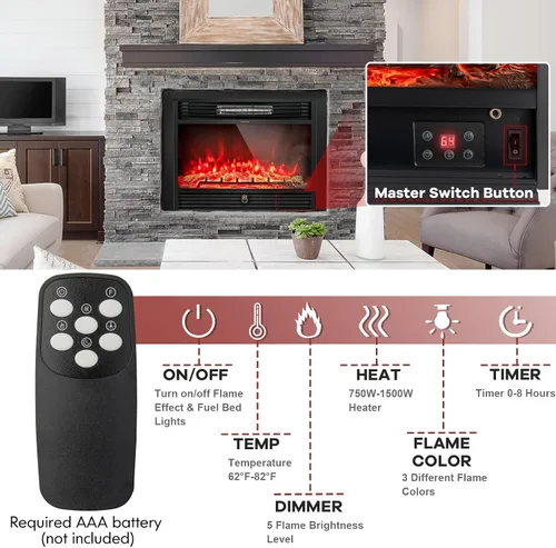 Miniatura 5 de SIMOE Chimenea eléctrica de 28.5 pulgadas, chimenea empotrada de pared de 750 W/1500 W con llama LED y control remoto, 3 colores y 5 brillo