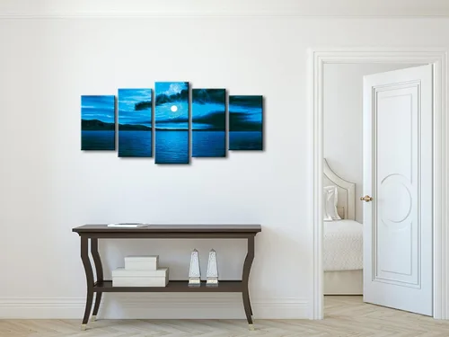 Miniatura 6 de Wieco Art Arte moderno de 5 piezas de lienzo Giclée envuelto en azul oscuro, océano, blanco, sol, arte de pared para sala de estar, dormitorio