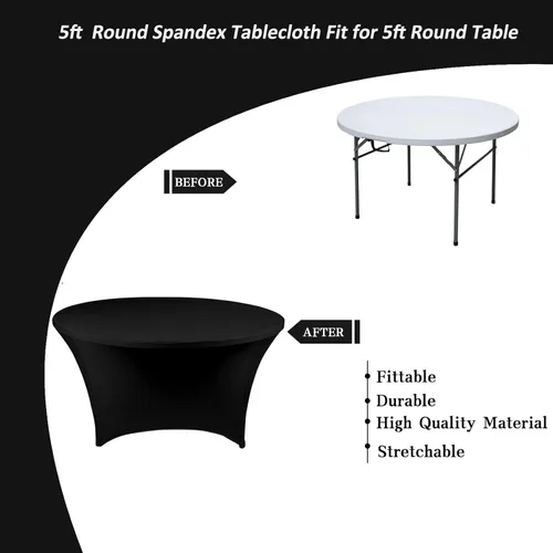 Miniatura 4 de SSYAQRA Paquete de 4 manteles de elastano color negro de 60 unidades, 5 pies y 60 pulgadas, color negro, redondo, elástico, para fiestas, bodas