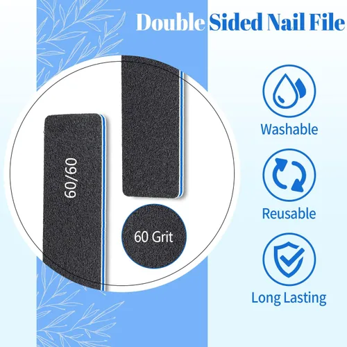 Miniatura 2 de Limas de uñas rectangulares negras de grano 60/60, 50 piezas de tablero de esmeril profesional de doble cara, herramienta gruesa reutilizable