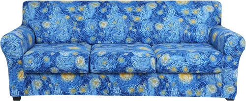 Miniatura 43 de hyha Funda para sofá, diseño floral, elástica, estampada, 4 piezas, fundas para sofá de 3 cojines separados, protector de muebles lavable para Azul