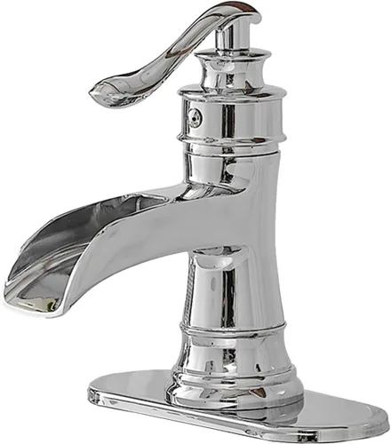 BWE Grifo de baño de cascada cromado, 1 agujero, grifo de lavabo de baño de una sola manija para tocador de granja, construcción de latón macizo
