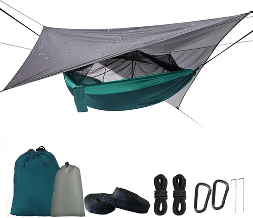 Miniatura 13 de MIFXIN - Hamaca de nailon con mosquitero, toldo de tienda de campaña, correas para árbol, portátil y bolsa de almacenamiento para acampar