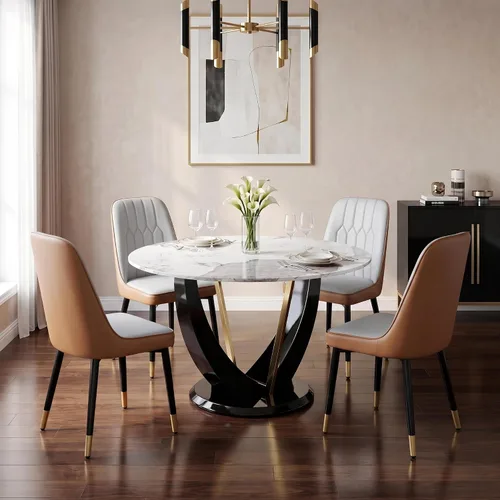 Miniatura 27 de Juego de mesa de comedor redonda de 48'' para 4, juego de mesa y sillas de cocina de mármol, conjunto de 4, mesa redonda con pata de MDF negro