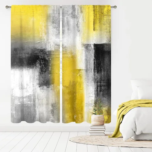 Miniatura 25 de MESHELLY Cortinas Rojas Abstractas 42Wx63H Pulgadas Bolsillo para Varilla Bloques Rústicos Borgoña Marrón Pintura al Óleo Casa de Campo Dormitorio
