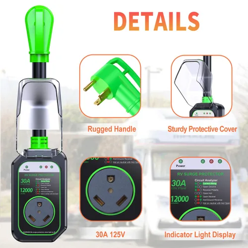 Miniatura 5 de GEARGO Protectores contra sobretensiones RV de 30 amperios, 12000 julios, analizador de circuitos de RV, protección contra sobretensiones IP68