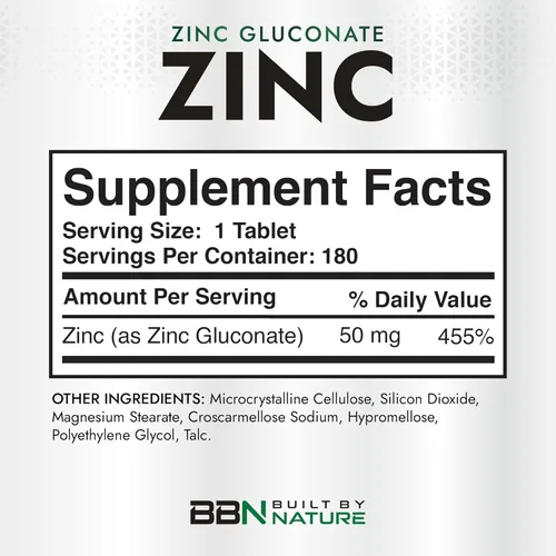 Miniatura 4 de Built By Nature Zinc 50 mg – Gluconato de zinc para un apoyo inmune y antioxidante altamente absorbible – Promueve la salud de la piel, los ojos