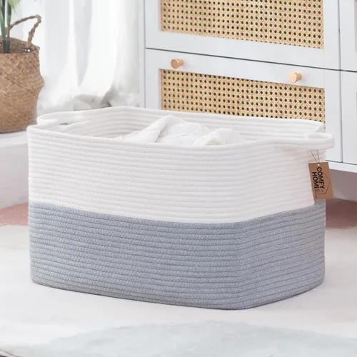 Miniatura 29 de COMFY-HOMI Cesta tejida de cuerda de algodón con asas para estantes, juguetes, libros, cestas de almacenamiento de tela para organizar, organizador