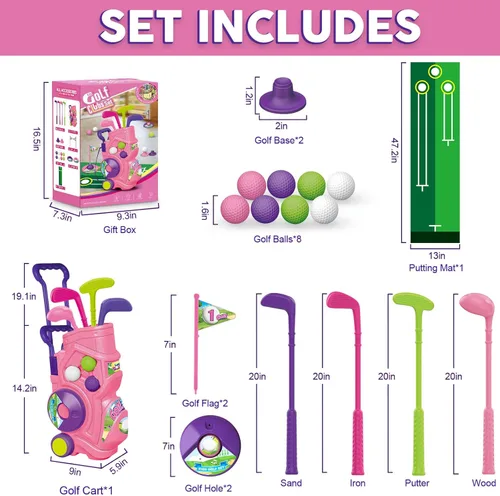 Miniatura 2 de Letapapa Juego de golf para niños pequeños con tapete de puting, 4 palos, 8 bolas, 2 agujeros de práctica para niños de 3 a 5 años, juguetes Rosa