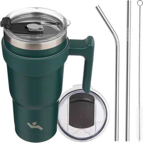 Miniatura 30 de Konokyo - Vaso de 10 onzas con asa y 2 popotes, 2 tapas, botella de agua aislada de acero inoxidable, taza de viaje reutilizable, color verde militar