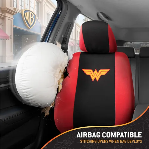 Miniatura 8 de BDK Wonder Woman - Juego completo de 9 piezas para asientos de automóvil, protectores de asiento de poliéster, color negro y rojo