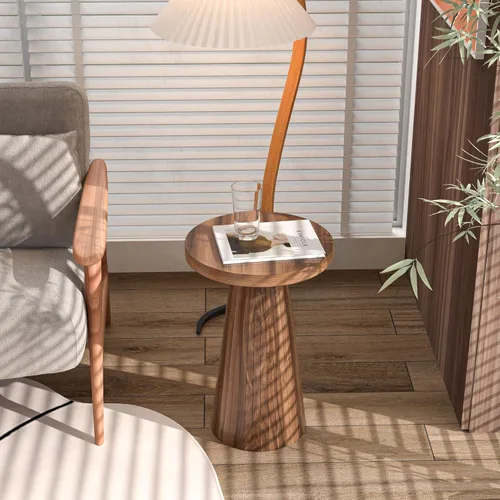 Miniatura 7 de Pequeña mesa auxiliar redonda con pedestal, mesa auxiliar de madera para sala de estar, mesa de bebidas acanalada para espacios pequeños, mesa Nogal