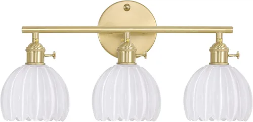 Shenmoyl Accesorios de Iluminación para Baño, Lámpara de Pared de Tocador de Latón de 3 Luces Sobre Espejo con Pantalla de Cristal Tulipán Blanco