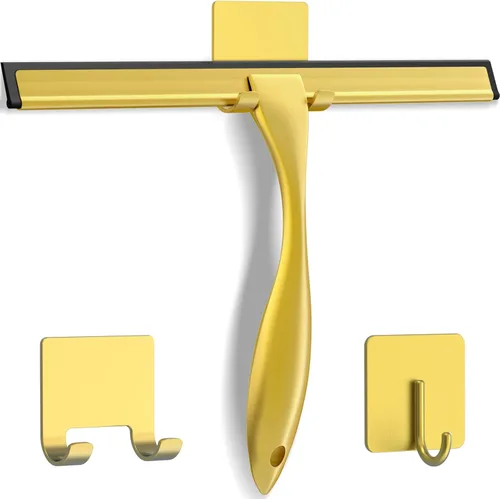 Miniatura 10 de Escobilla de ducha multiusos de acero inoxidable para puertas de ducha con 2 ganchos adhesivos, herramienta de limpieza de baño, escobilla de espejo