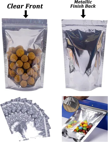 Miniatura 4 de Paquete de 100 bolsas de Mylar para almacenamiento de alimentos, papel de aluminio resellable, bolsa transparente de pie con ventana frontal de 3.94