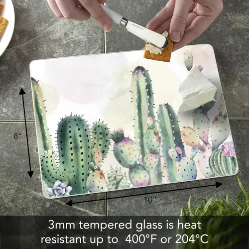 Miniatura 6 de CounterArt Tabla de cortar de vidrio templado de 0.118 in con cactus acuarela, 10 x 8 pulgadas, fabricada en los Estados Unidos, tabla de queso