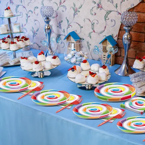 Miniatura 5 de Juego vajilla 96 piezas de suministros para fiesta de Candyland, 24 invitados, platos de postre y servilletas de piruleta decoración fiesta niños