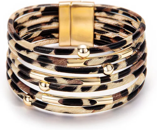 Miniatura 36 de Fesciory - Pulsera de leopardo para mujer, estilo bohemio de cuero multicapa con perlas de cristal