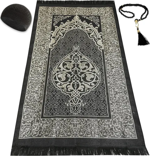 Alfombra de oración musulmana con cuentas de oración, sombrero kufi para hombres y mujeres, 100% transpirable, gorro de calavera negra, tapete de