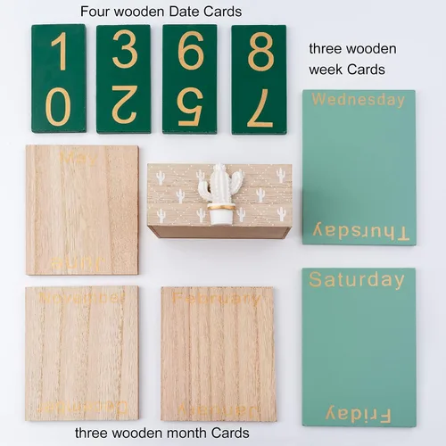 Miniatura 5 de Notakia Calendario perpetuo, calendario de madera para oficina en casa, accesorios de escritorio, calendario vintage de bloques de madera (verde)