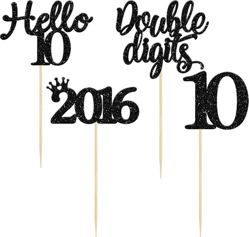 Miniatura 7 de Gyufise Paquete de 24 adornos negros para cupcakes de 10.º cumpleaños con purpurina negra 10 Ten Hello 10 Dights dobles desde 2015 para decoraciones
