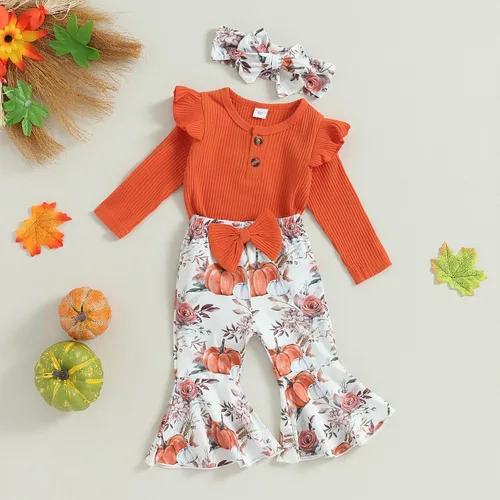 Miniatura 2 de Kuriozud Conjunto de Pantalones Acampanados para Bebé Recién Nacida Niña Mameluco con Volantes Lindo Lazo Pantalones Acampanados Diadema Ropa Linda