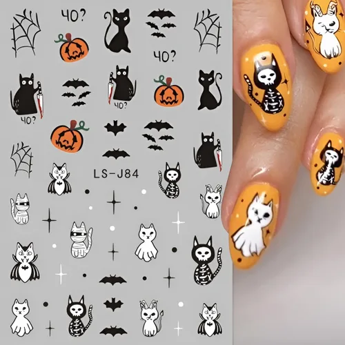 Miniatura 4 de 6 hojas de calcomanías de arte de uñas de Halloween, lindas calcomanías de fantasma, 3D, autoadhesivas, telaraña, murciélago, calabaza, decoración