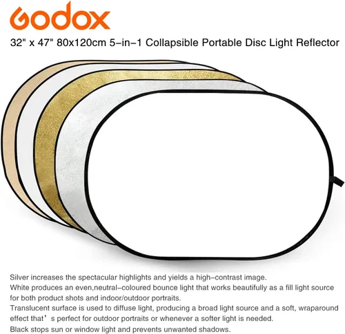 Miniatura 4 de GODOX Reflector de luz de disco portátil plegable 5 en 1 de 32 x 47 pulgadas con bolsa para estudio y fotografía, dorado, plateado, negro, blanco